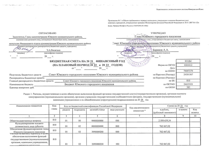 Об утверждении бюджетной сметы Совета Южского городского поселения Южского муниципального района на 2021 год и на плановый период 2022 и 2023 годов